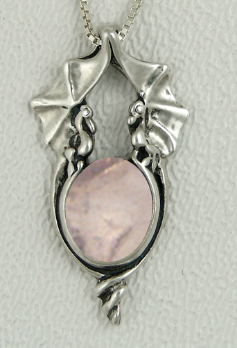 Sterling Silver Proud Pair of Dragons Pendant With Rose Quartz